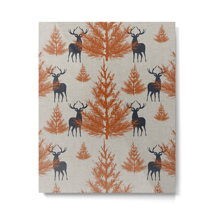 Christmas Trees and Deer, Faux Linen, Pattern, Beige, Terracotta and Blue Metal Print Gallery Image 1