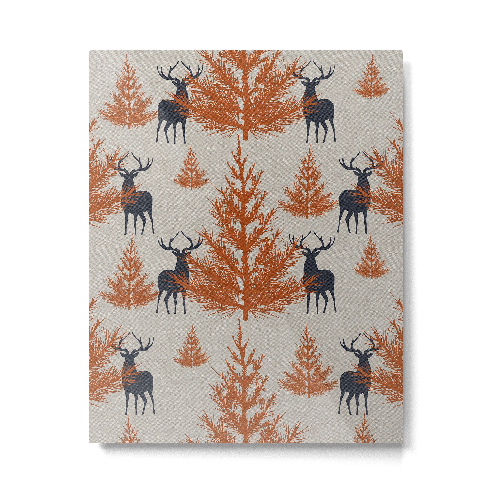 Christmas Trees and Deer, Faux Linen, Pattern, Beige, Terracotta and Blue Metal Print Gallery Image 6