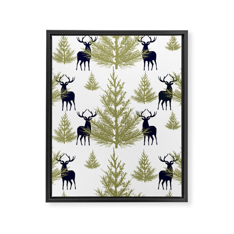Christmas Trees and Deer, Pattern, Green and Blue Framed Canvas Print Gallery Image 8