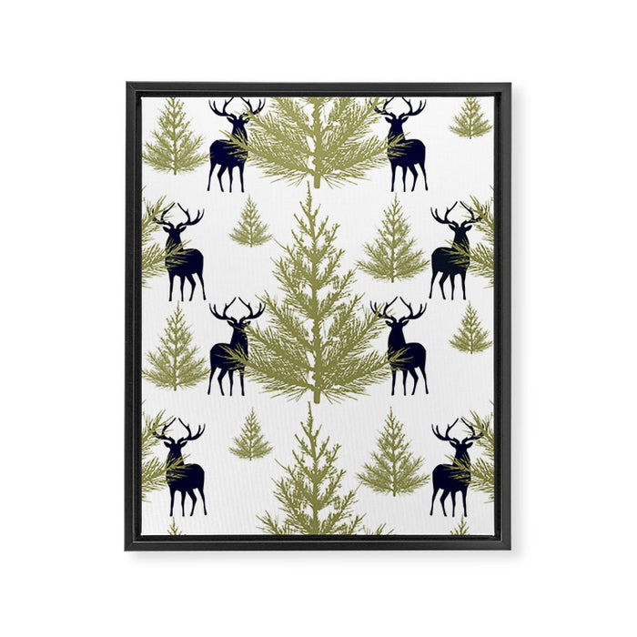 Christmas Trees and Deer, Pattern, Green and Blue Framed Canvas Print Gallery Image 1