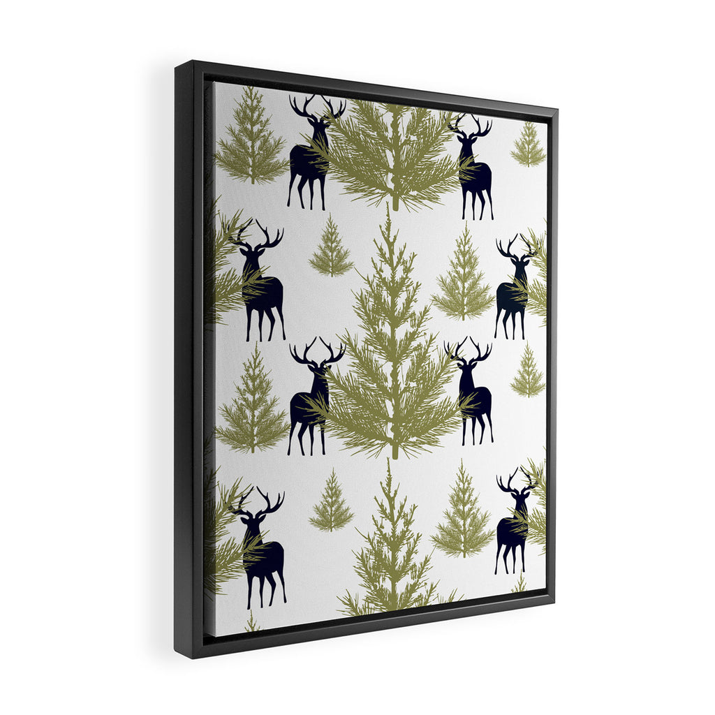 Christmas Trees and Deer, Pattern, Green and Blue Framed Canvas Print Gallery Image 2