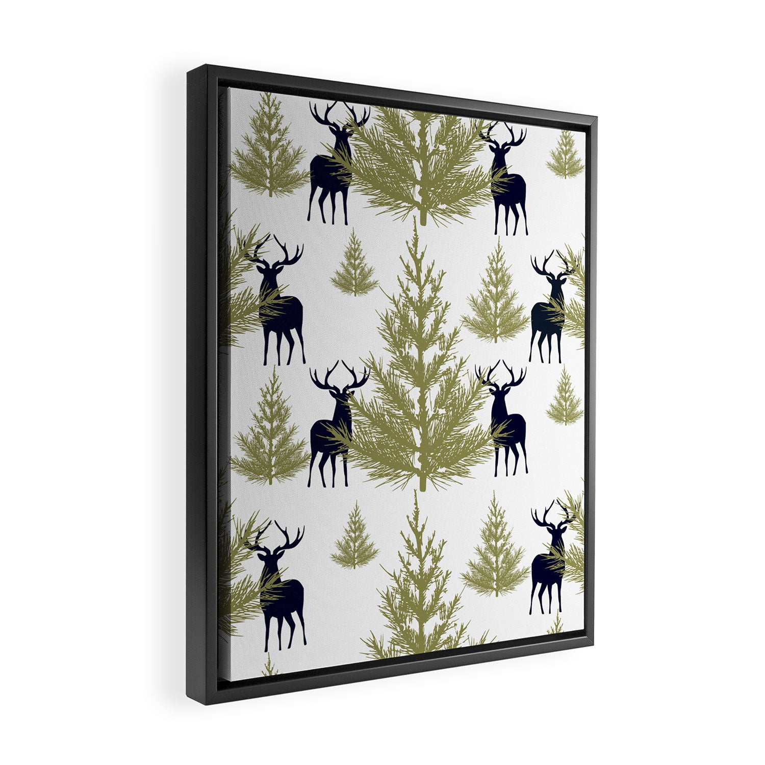 Christmas Trees and Deer, Pattern, Green and Blue Framed Canvas Print Gallery Image 2