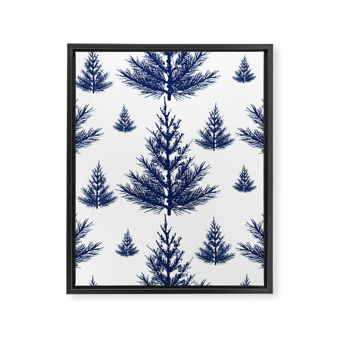 Christmas Trees and Snow, Blue and White Framed Canvas Print Gallery Image 1