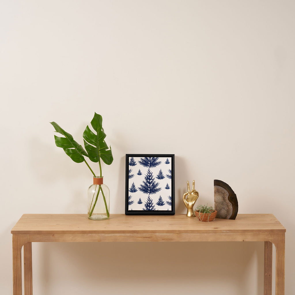 Christmas Trees and Snow, Blue and White Framed Canvas Print Gallery Image 4