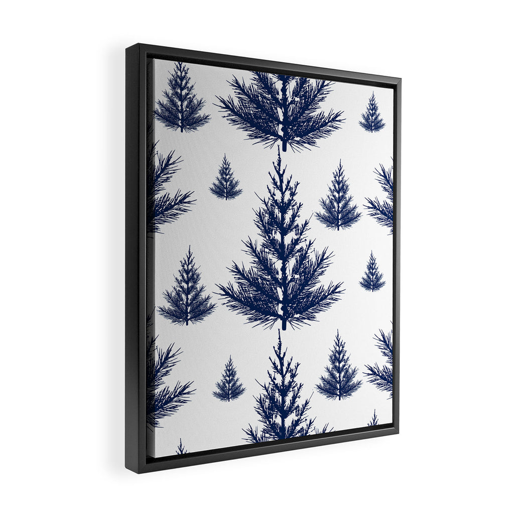 Christmas Trees and Snow, Blue and White Framed Canvas Print Gallery Image 2