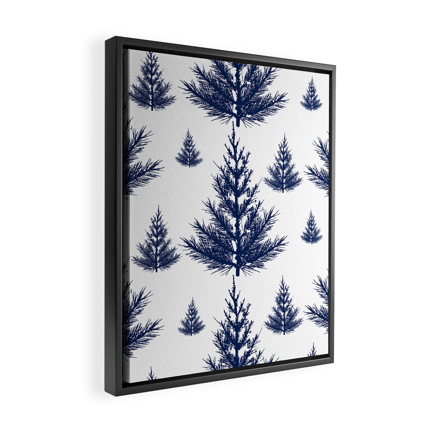 Christmas Trees and Snow, Blue and White Framed Canvas Print Gallery Image 2