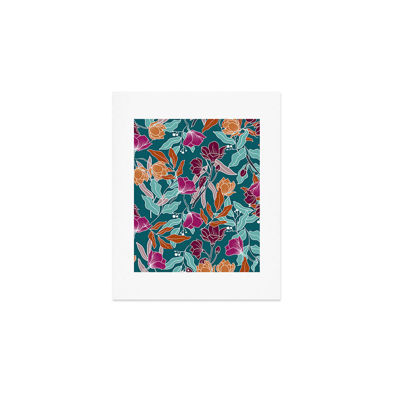 Colorful Floral Jungle, Green, Teal, Magenta and Orange, Flower Prints Art Print Gallery Image 1