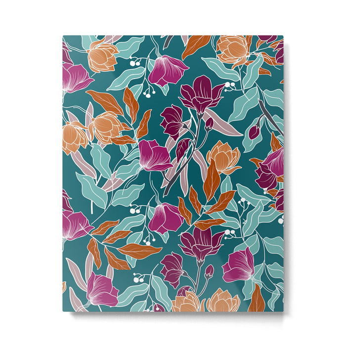 Colorful Floral Jungle, Green, Teal, Magenta and Orange, Flower Prints Metal Print Gallery Image 1