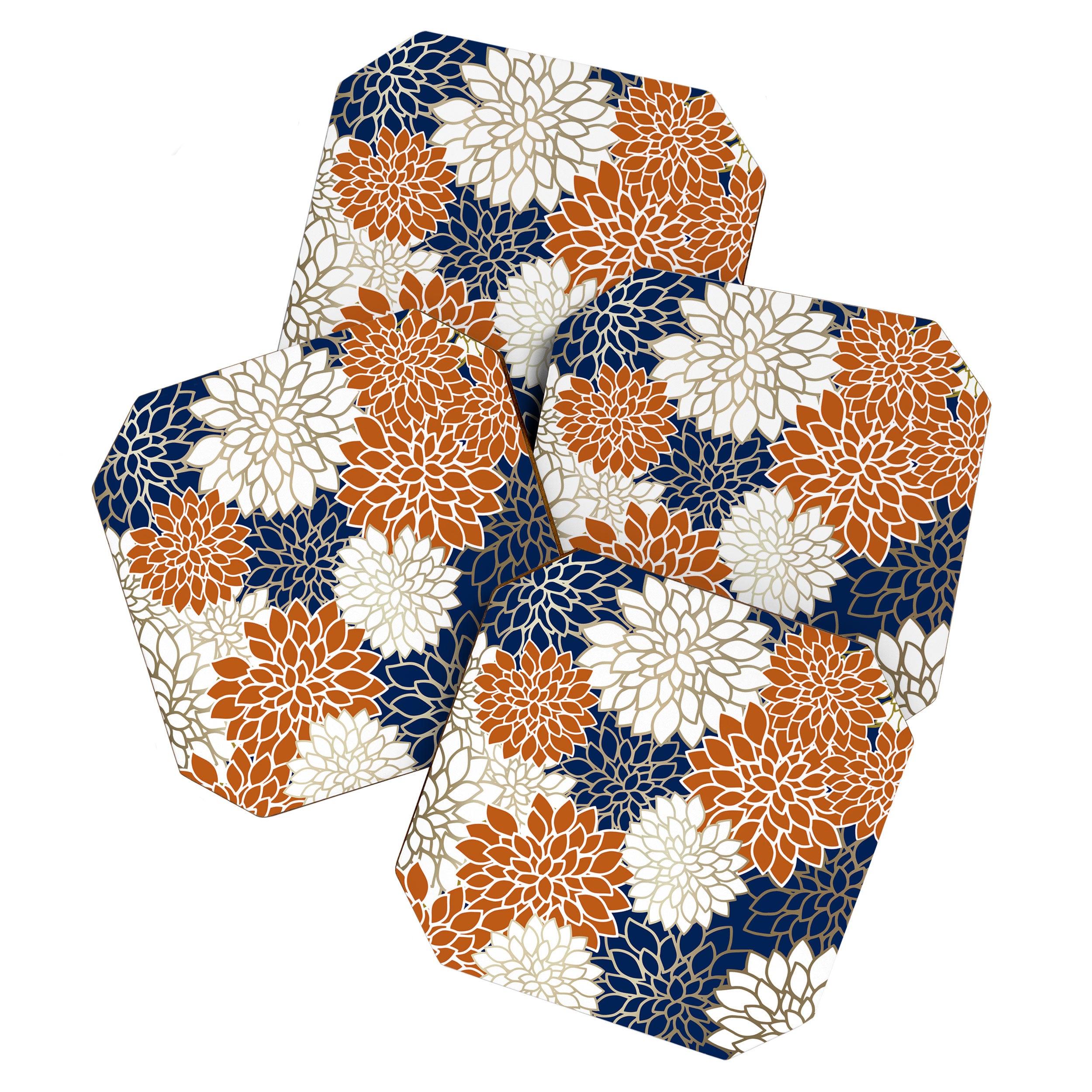 Dahlia Blooms, Terracotta, Navy, Gold, White Coaster Gallery Image 1