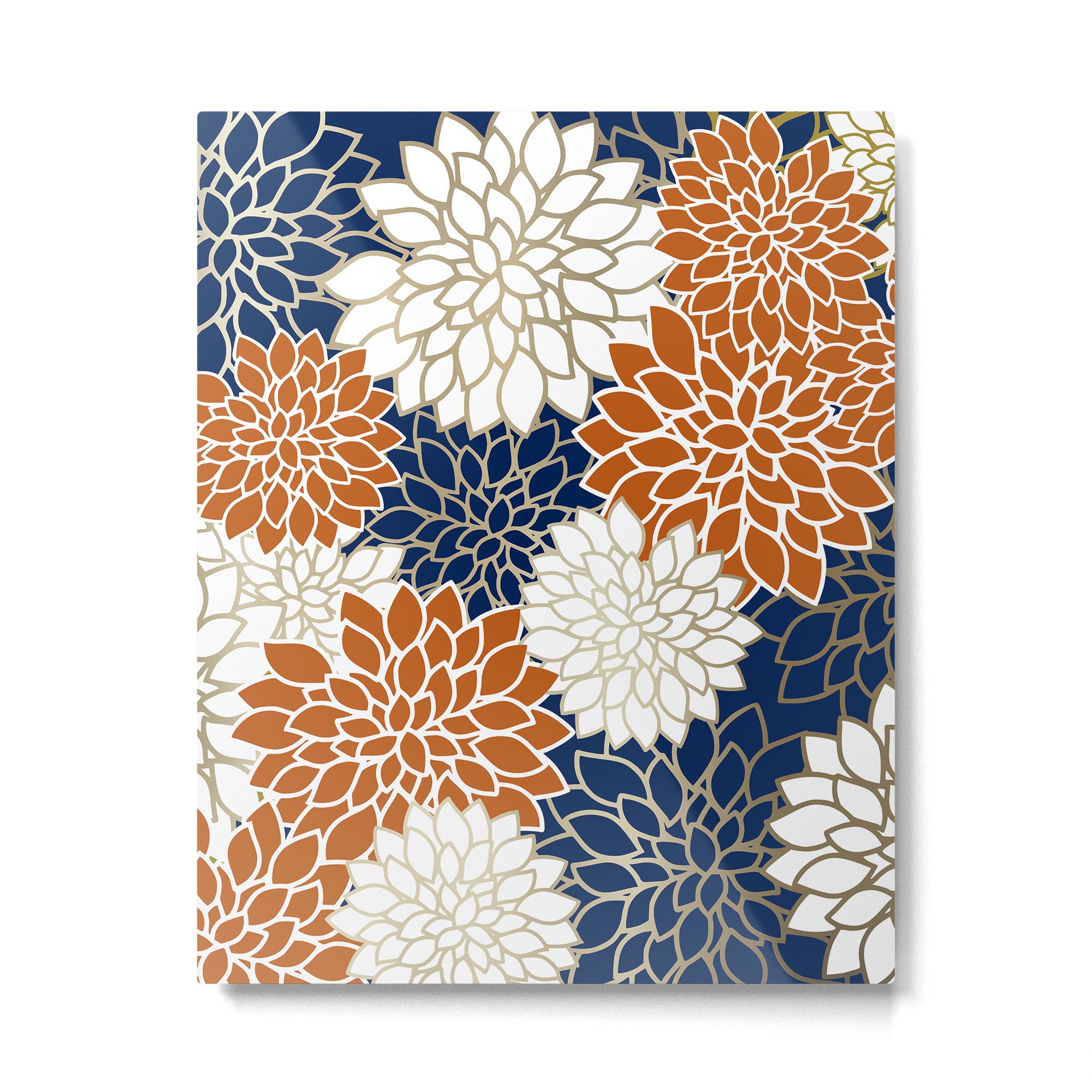 Dahlia Blooms, Terracotta, Navy, Gold, White Metal Print Gallery Image 6