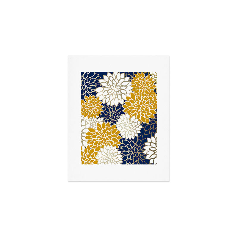 Dahlia Floral Blooms in Navy, Yellow, Gold and White Art Print Gallery Image 1