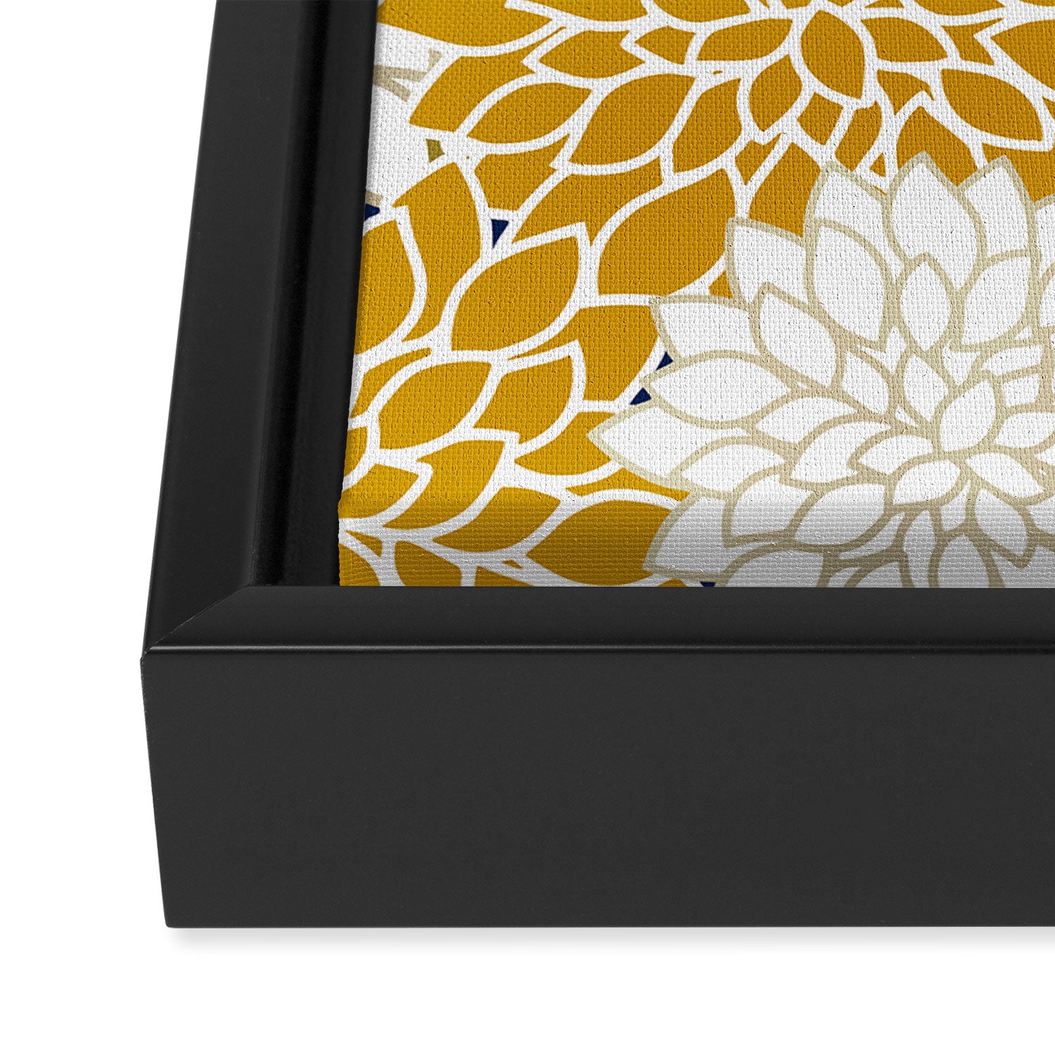 Dahlia Floral Blooms in Navy, Yellow, Gold and White Framed Canvas Print Gallery Image 3