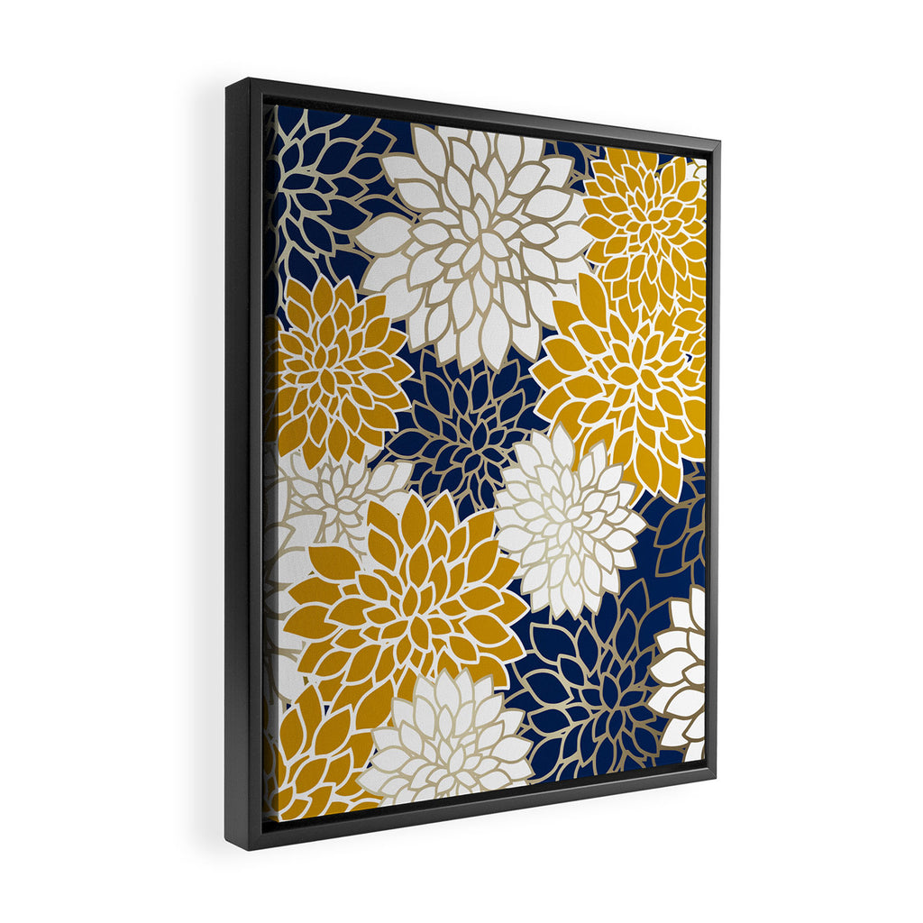 Dahlia Floral Blooms in Navy, Yellow, Gold and White Framed Canvas Print Gallery Image 2