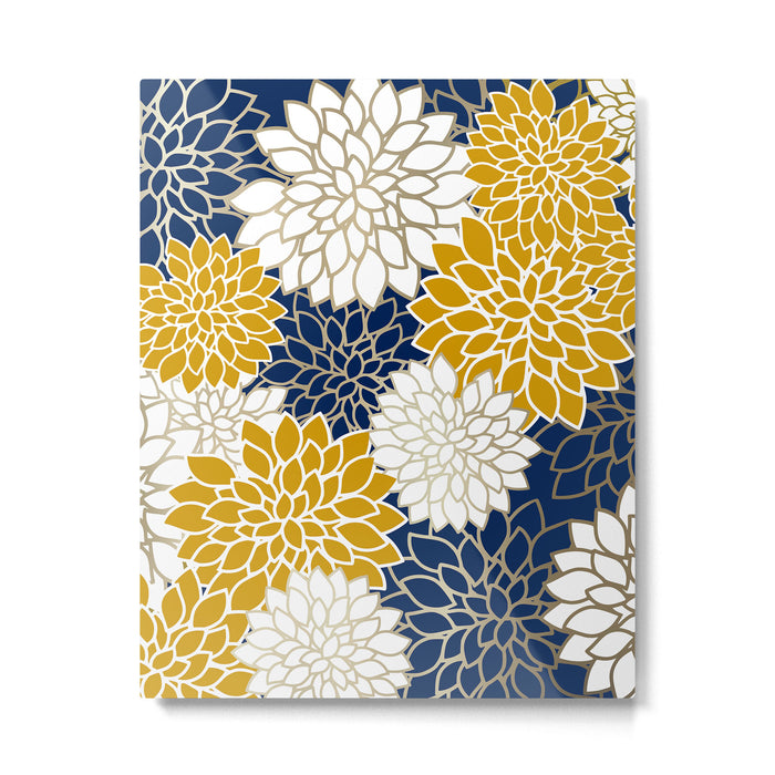 Dahlia Floral Blooms in Navy, Yellow, Gold and White Metal Print Gallery Image 1