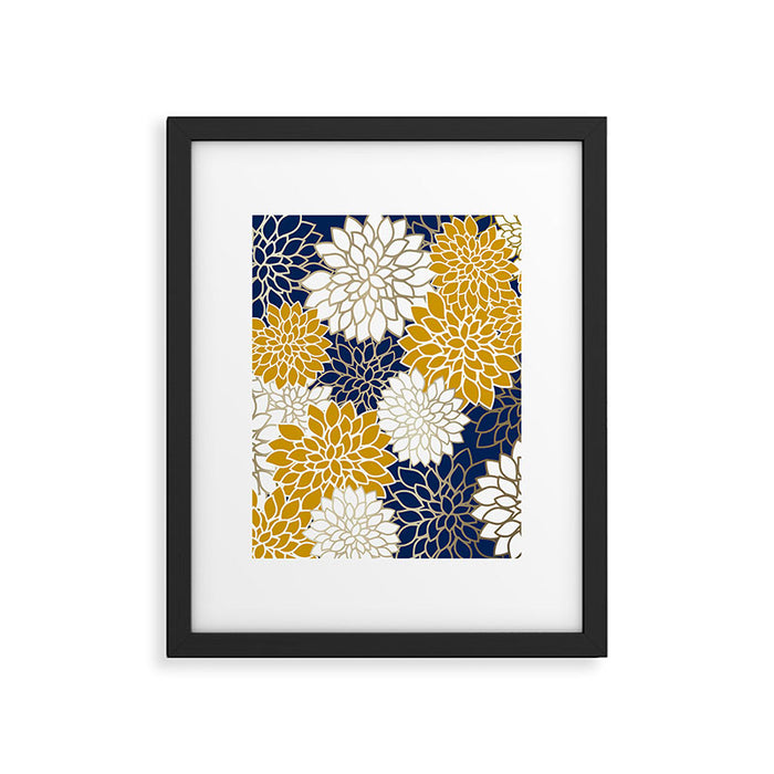 Dahlia Floral Blooms in Navy, Yellow, Gold and White Framed Art Print Gallery Image 1