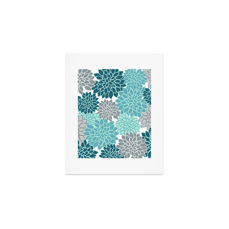 Dahlia Floral Blooms in Teal and Gray Art Print Gallery Image 1
