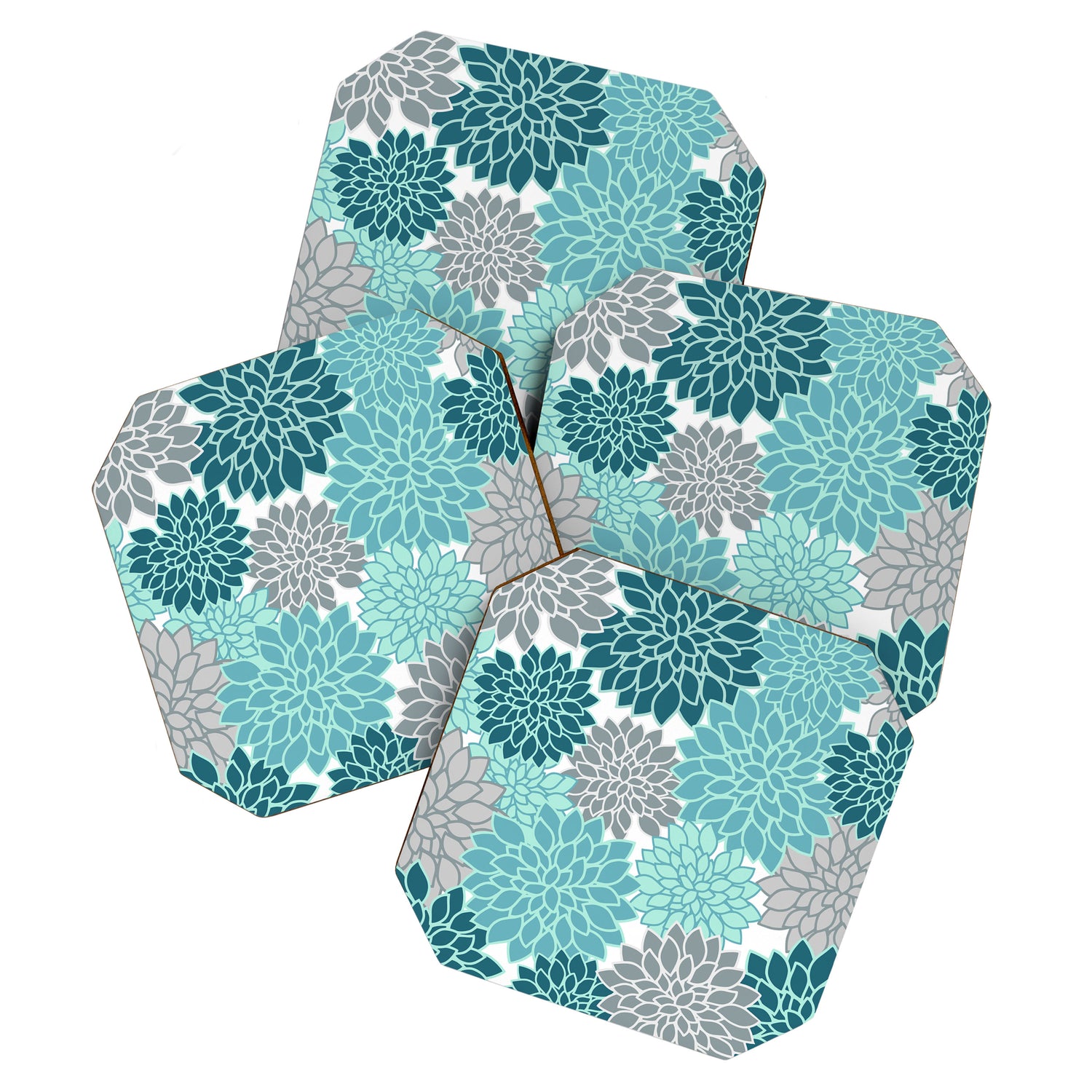Dahlia Floral Blooms in Teal and Gray Coaster Gallery Image 1