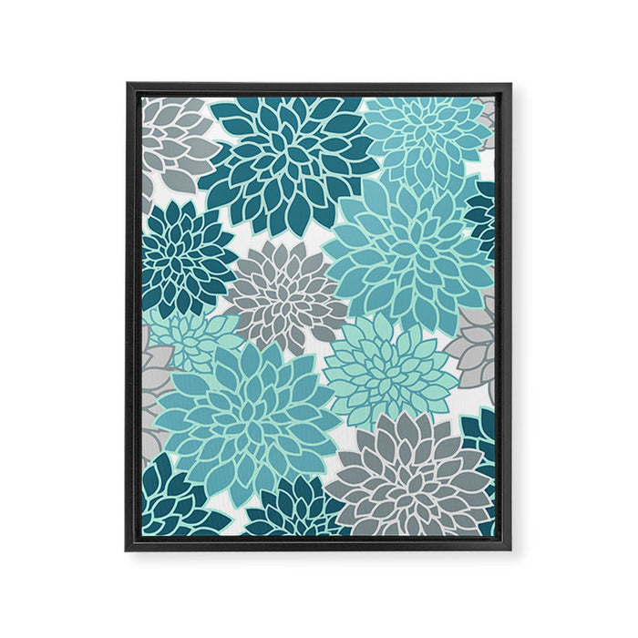 Dahlia Floral Blooms in Teal and Gray Framed Canvas Print Gallery Image 1