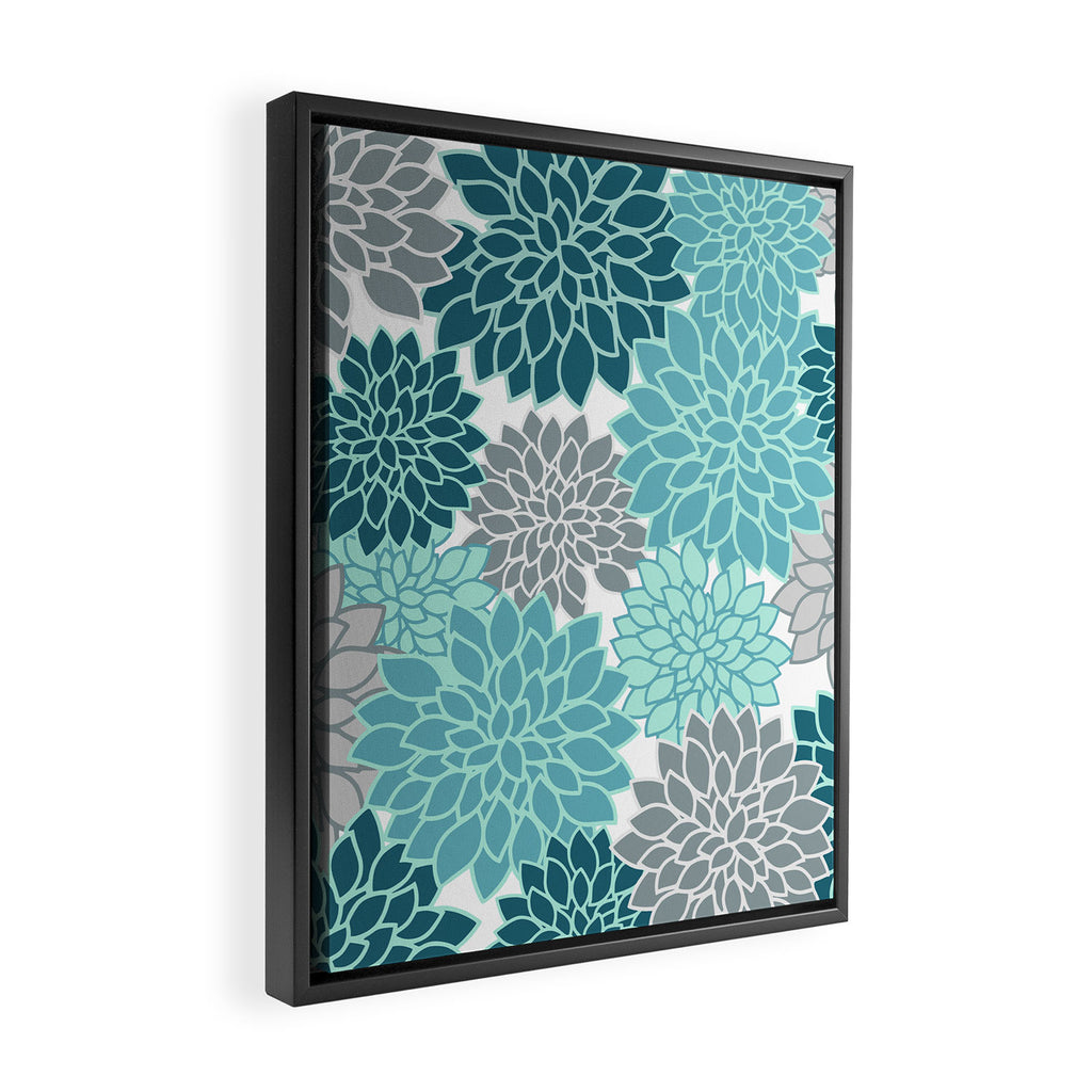 Dahlia Floral Blooms in Teal and Gray Framed Canvas Print Gallery Image 2