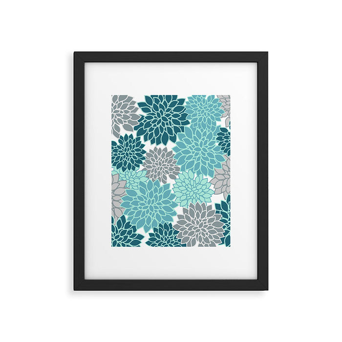 Dahlia Floral Blooms in Teal and Gray Framed Art Print Gallery Image 1