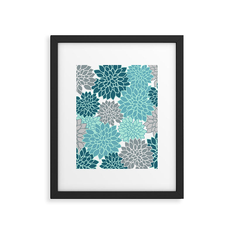 Dahlia Floral Blooms in Teal and Gray Framed Art Print Gallery Image 6