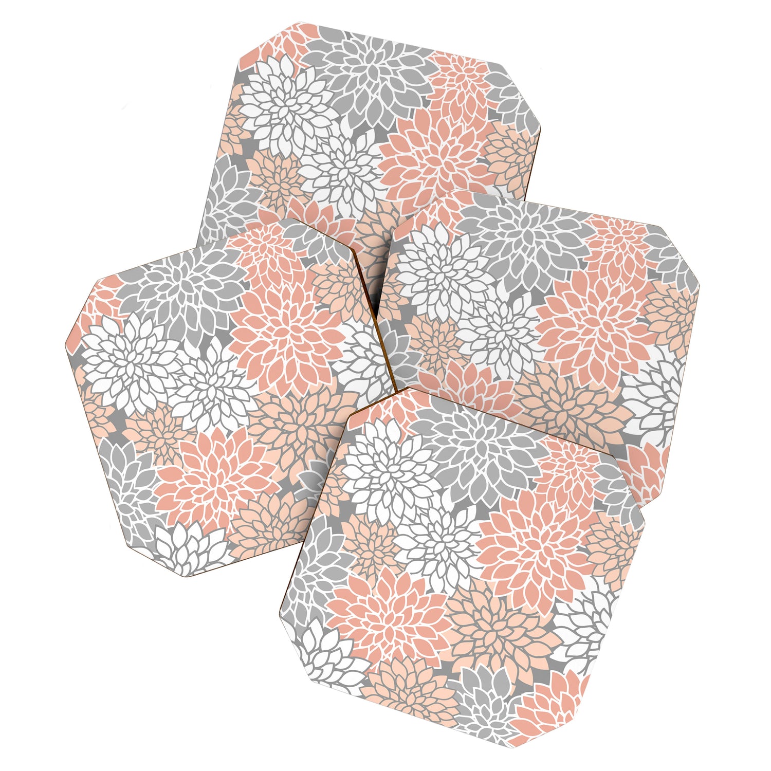 Dahlia Floral Blooms, Peach and Gray Coaster Gallery Image 1