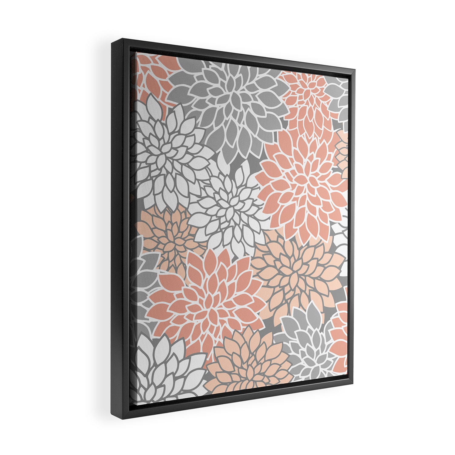 Dahlia Floral Blooms, Peach and Gray Framed Canvas Print Gallery Image 2