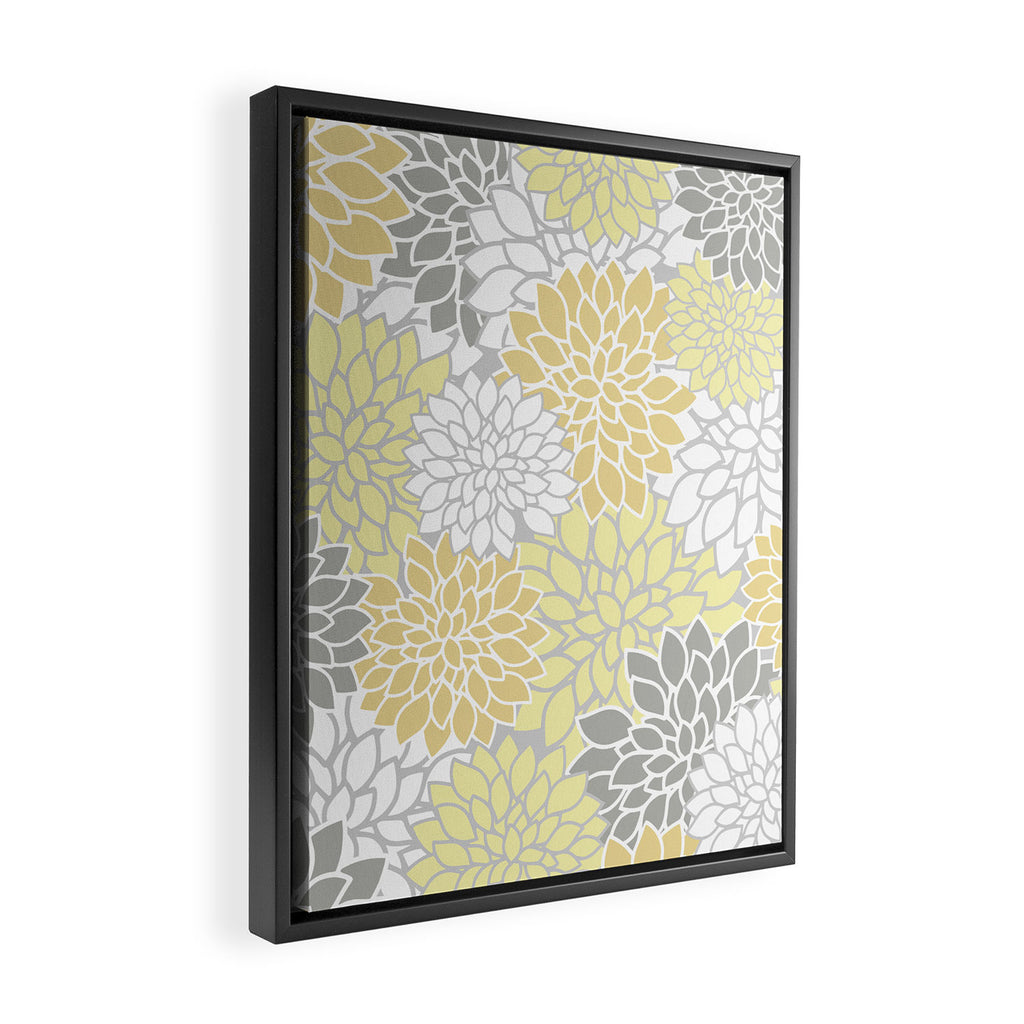 Dahlia Floral Blooms, Soft Yellow, Gray, White Framed Canvas Print Gallery Image 2