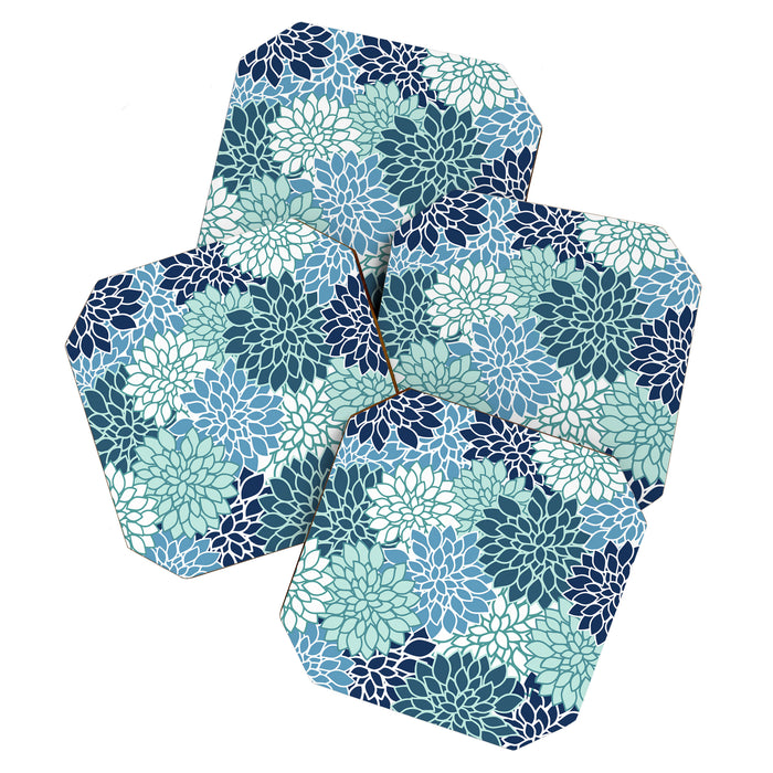 Dahlia Floral Blooms, Teal, Blue White Coaster Gallery Image 1