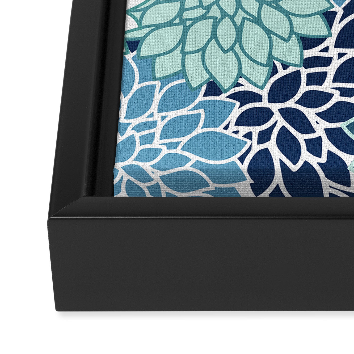 Dahlia Floral Blooms, Teal, Blue White Framed Canvas Print Gallery Image 3