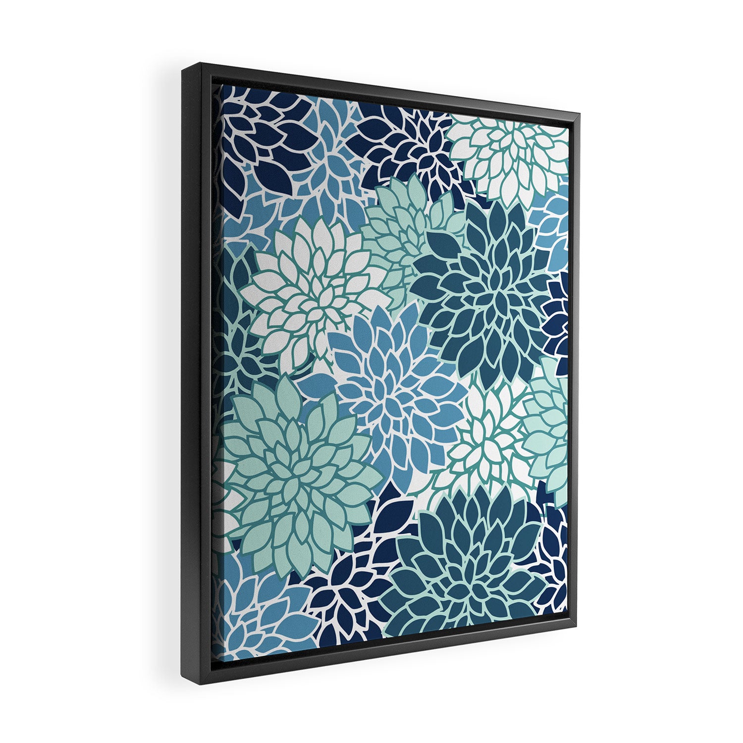 Dahlia Floral Blooms, Teal, Blue White Framed Canvas Print Gallery Image 2