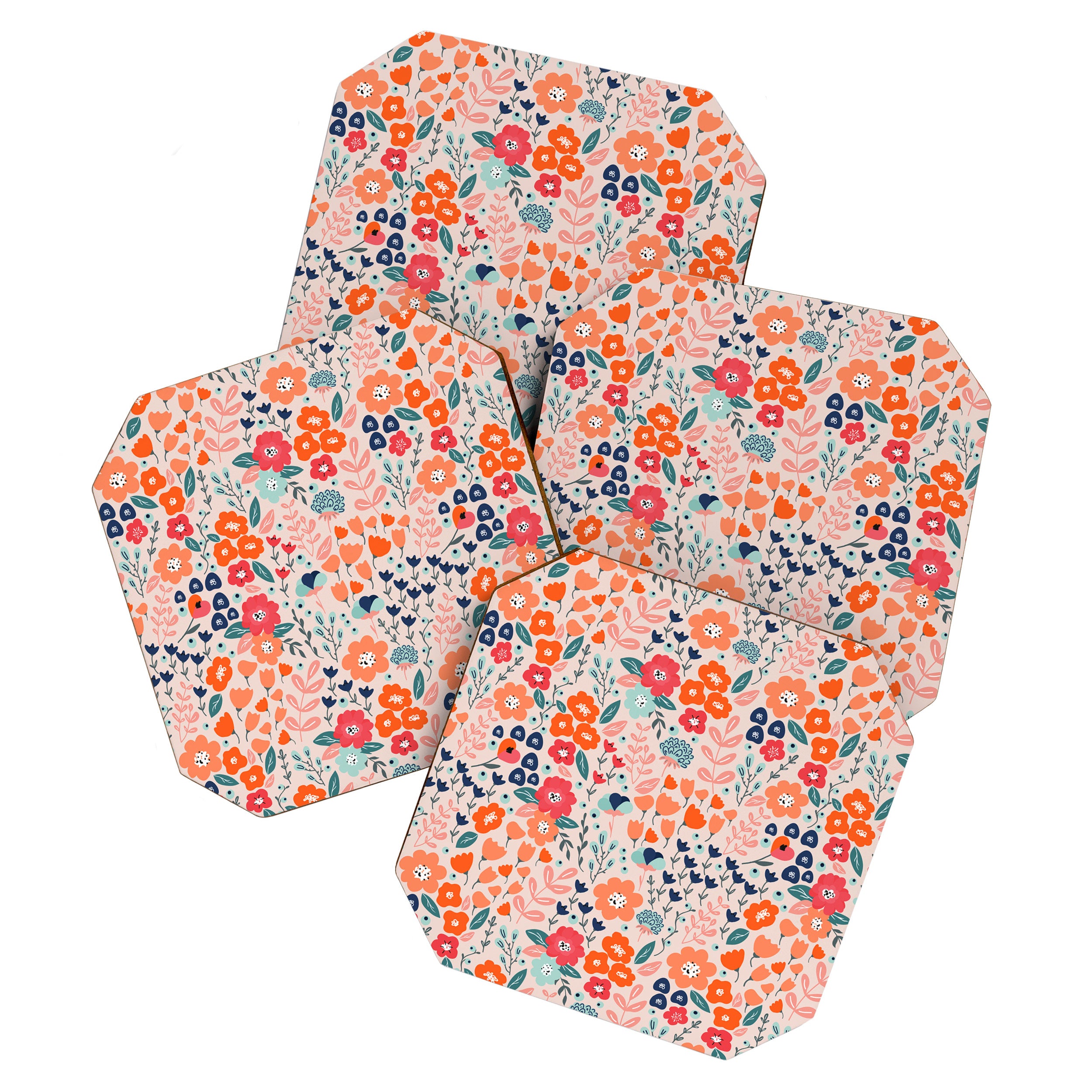 Ditsy Florals, Pink, Orange, Teal, Navy Coaster Gallery Image 1