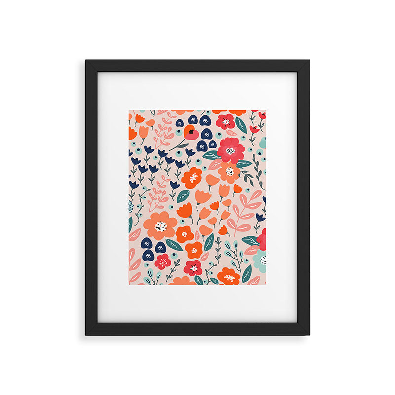 Ditsy Florals, Pink, Orange, Teal, Navy Framed Art Print Gallery Image 6