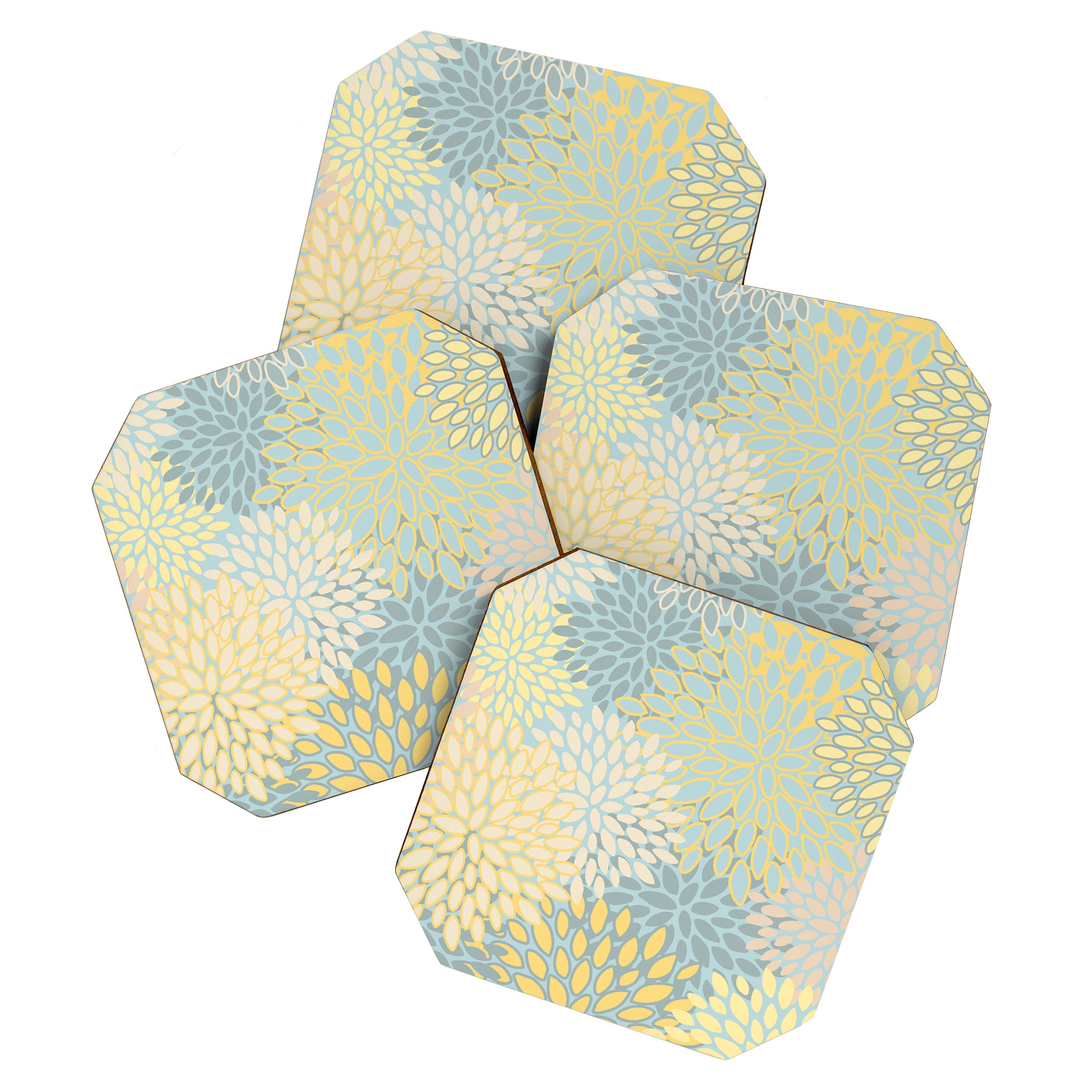 Elegant Blooms: Modern Floral Art in Soft Yellow and Teal Coaster Gallery Image 1