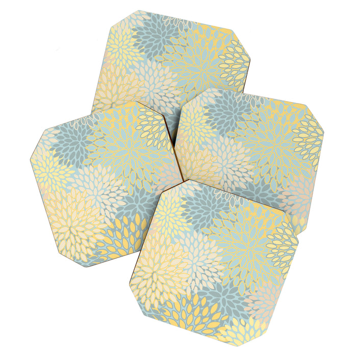Elegant Blooms: Modern Floral Art in Soft Yellow and Teal Coaster Gallery Image 1