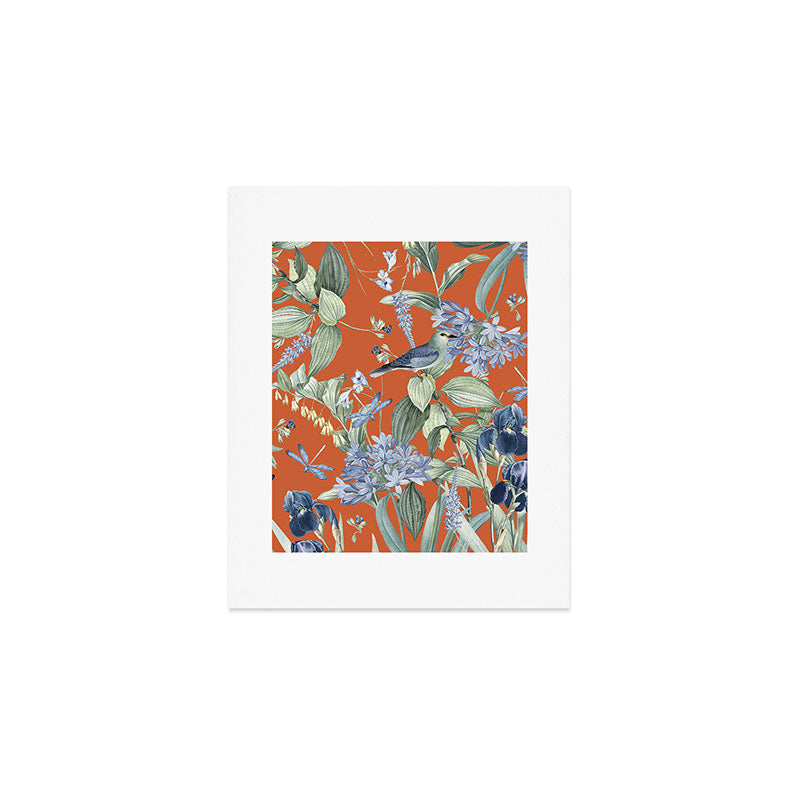 Exotic Wildlife Floral Garden on Orange Art Print Gallery Image 1