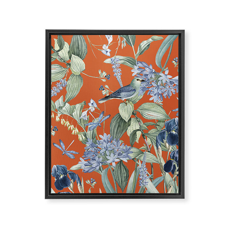 Exotic Wildlife Floral Garden on Orange Framed Canvas Print Gallery Image 8