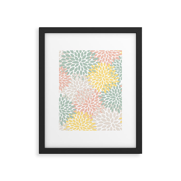 Festive, Abstract, Floral Prints, Coral, Green, Yellow Framed Art Print Gallery Image 1