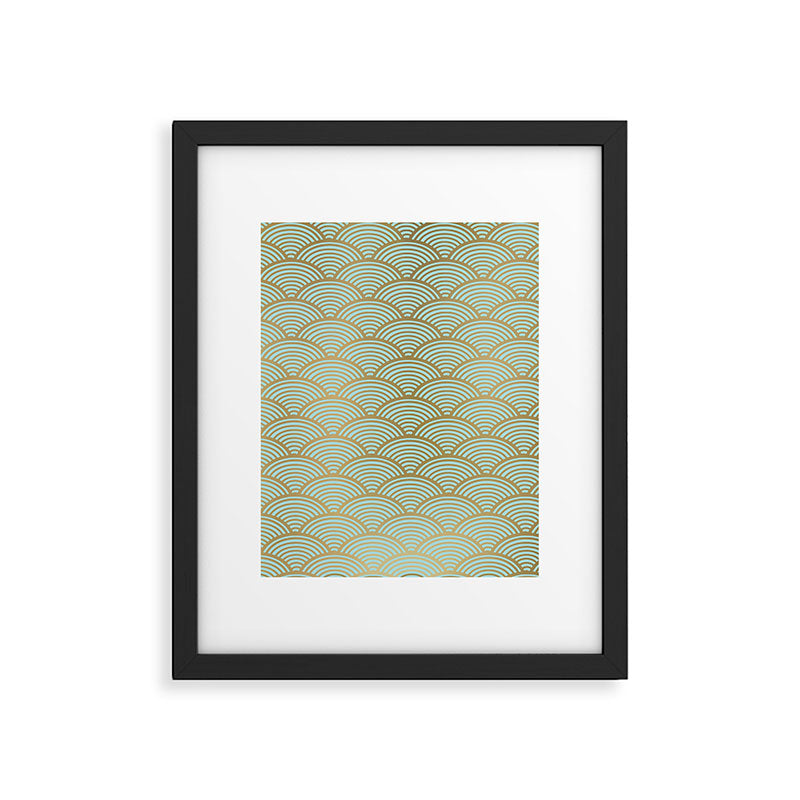 Festive, Art Deco, Wave, Pattern, Green and Gold Framed Art Print Gallery Image 6