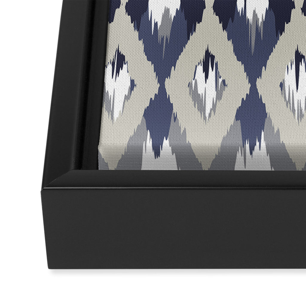 Festive, Boho Art, Geometric, Ikat Pattern, Blue and Gray Framed Canvas Print Gallery Image 3