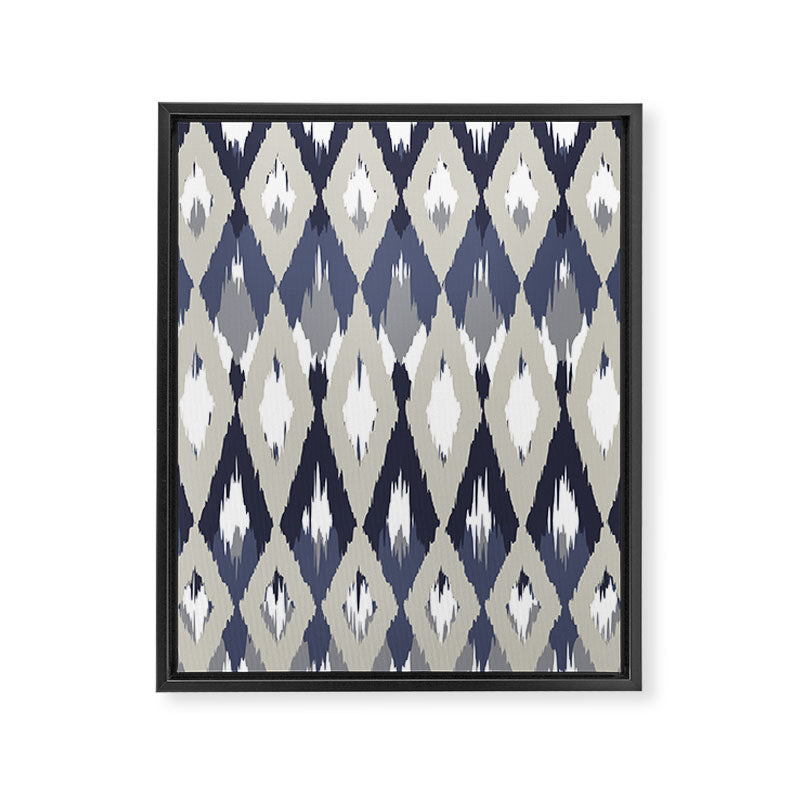 Festive, Boho Art, Geometric, Ikat Pattern, Blue and Gray Framed Canvas Print Gallery Image 8