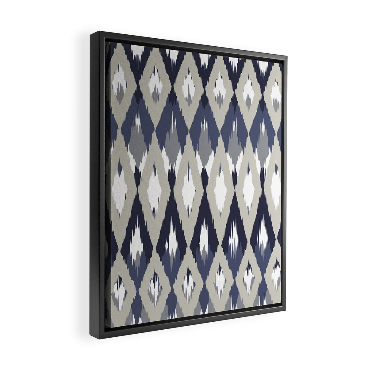 Festive, Boho Art, Geometric, Ikat Pattern, Blue and Gray Framed Canvas Print Gallery Image 2