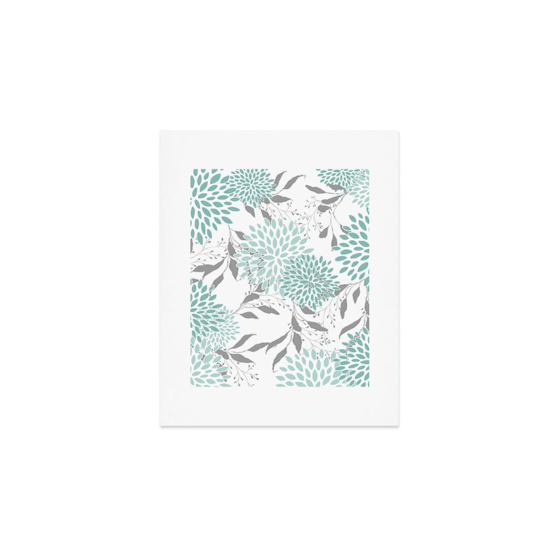 Festive, Floral Blooms and Leaves, Teal and Gray Art Print Gallery Image 1