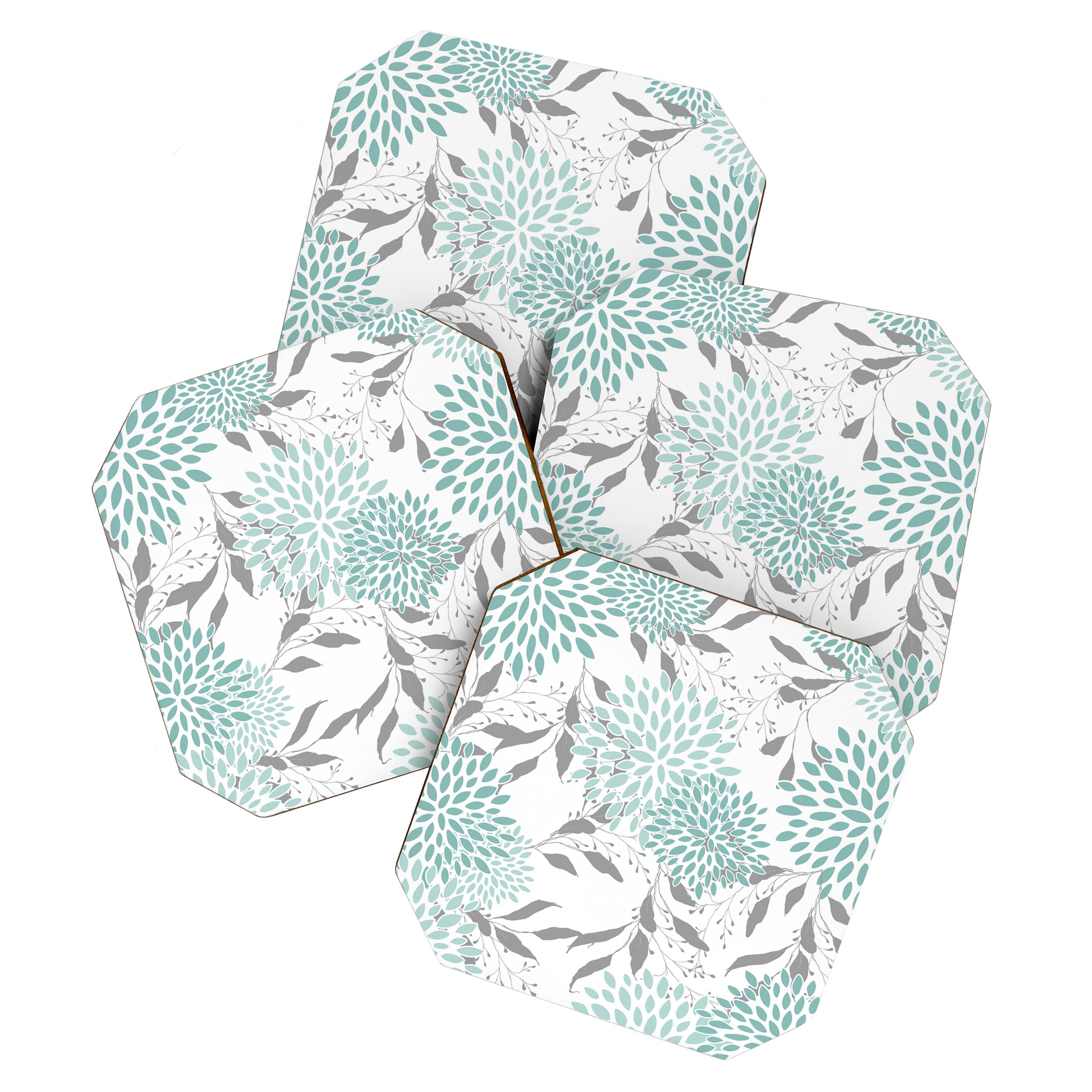 Festive, Floral Blooms and Leaves, Teal and Gray Coaster Gallery Image 1