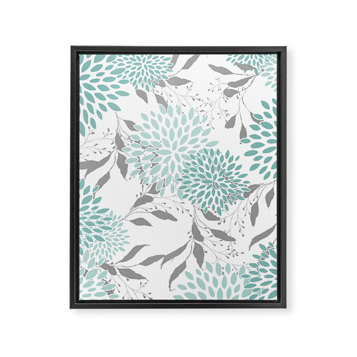 Festive, Floral Blooms and Leaves, Teal and Gray Framed Canvas Print Gallery Image 1