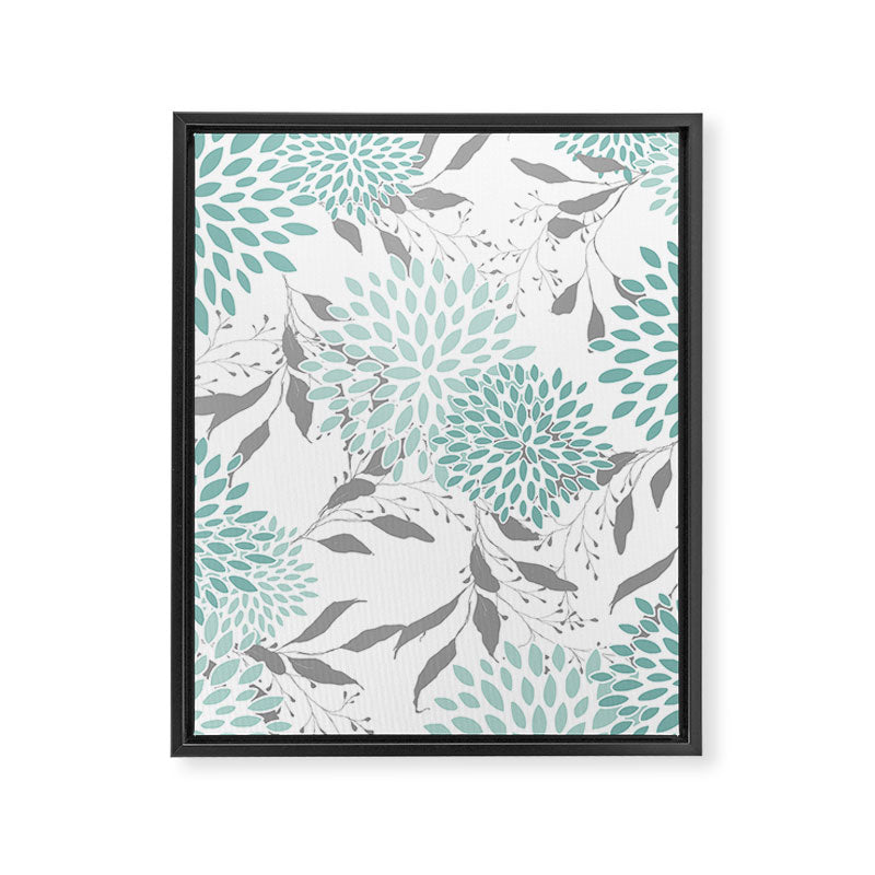 Festive, Floral Blooms and Leaves, Teal and Gray Framed Canvas Print Gallery Image 8