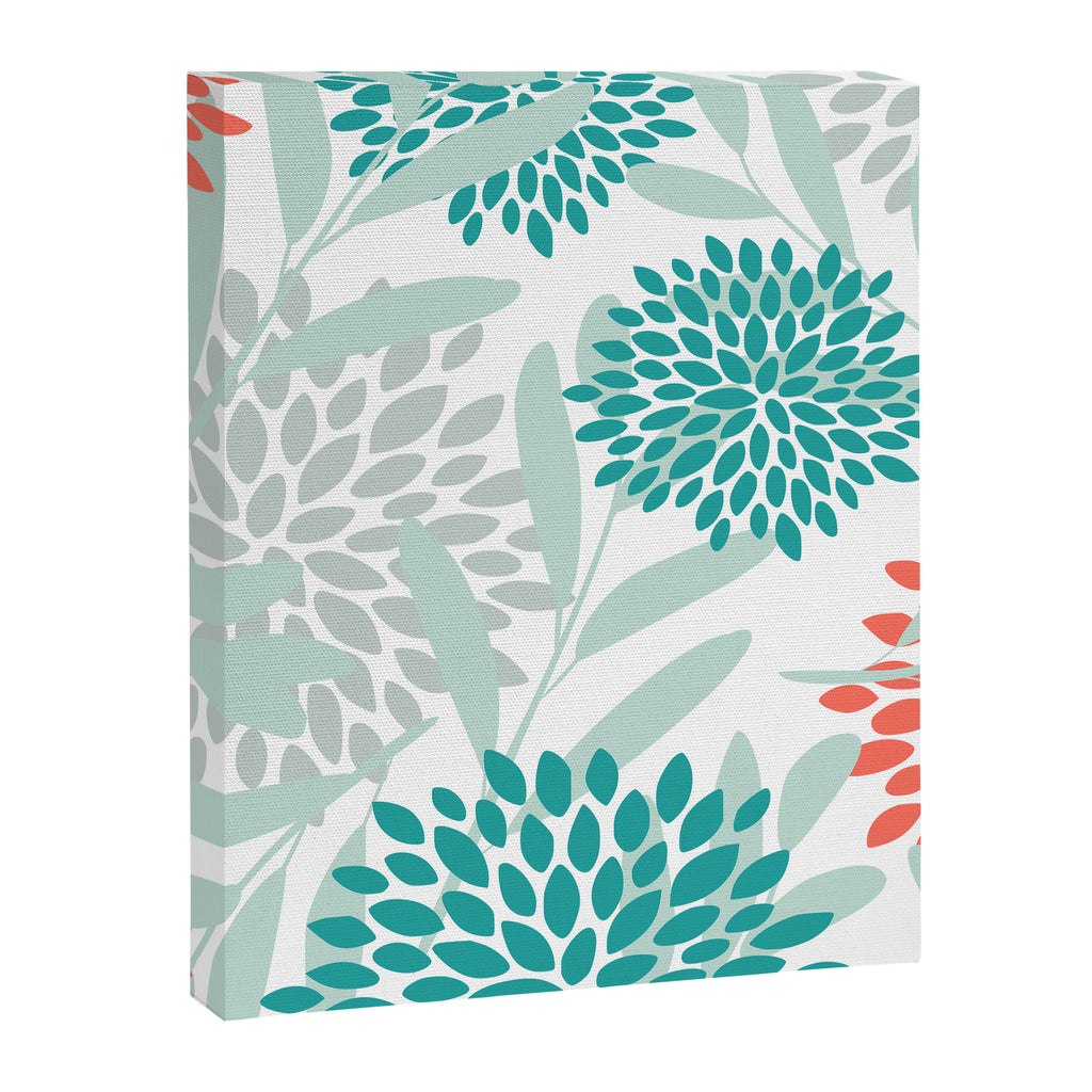 Festive, Floral Leaves and Blooms Coral, Teal Green and White Canvas Print Gallery Image 8