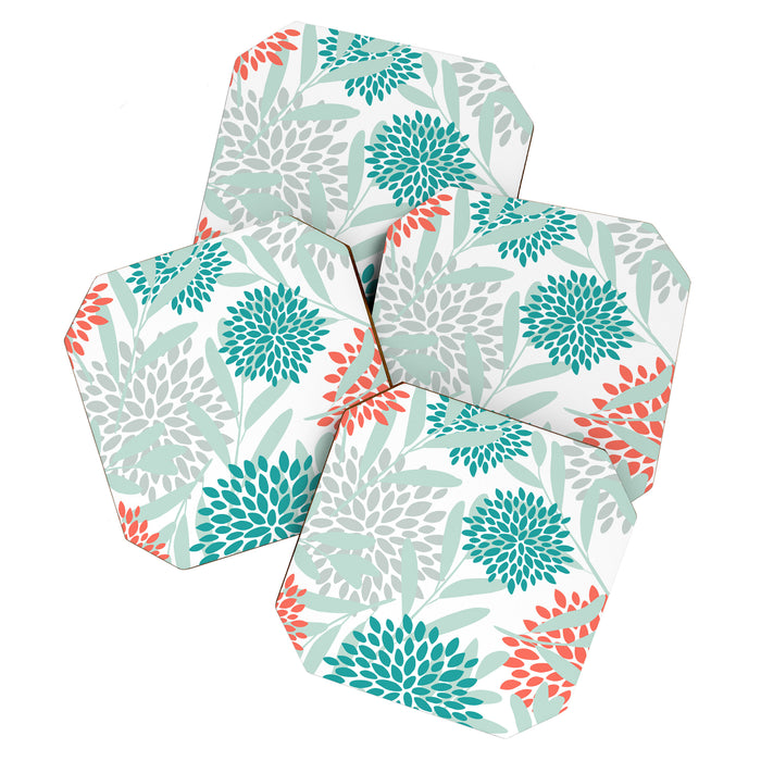 Festive, Floral Leaves and Blooms Coral, Teal Green and White Coaster Gallery Image 1