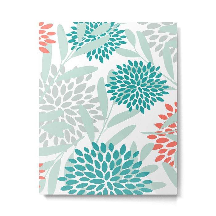 Festive, Floral Leaves and Blooms Coral, Teal Green and White Metal Print Gallery Image 1