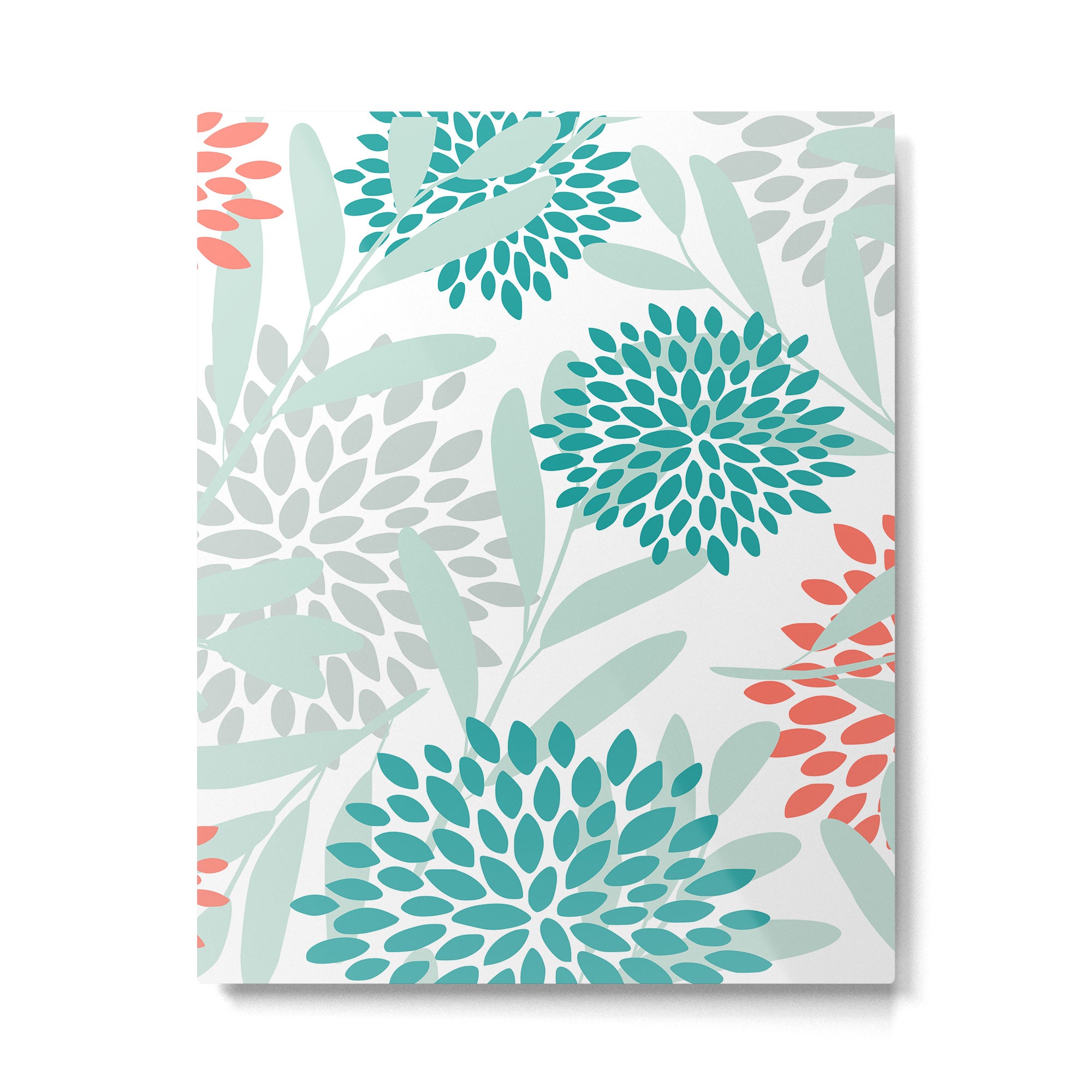 Festive, Floral Leaves and Blooms Coral, Teal Green and White Metal Print Gallery Image 6